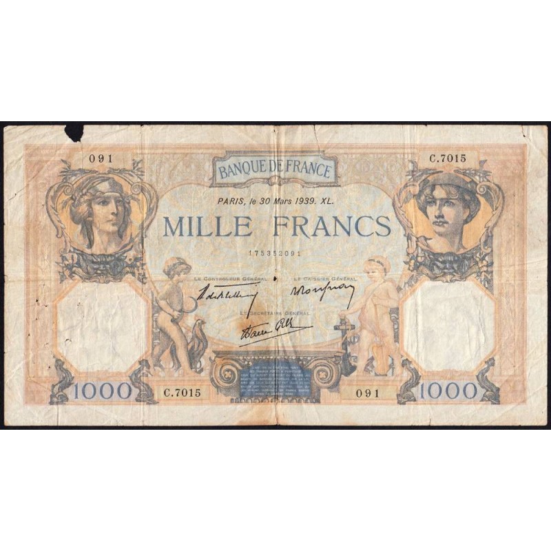 F 38-35 - 30/03/1939 - 1000 francs - Cérès et Mercure mod. - Série C.7015 - Etat : B-