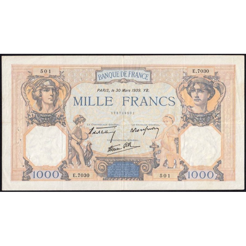 F 38-35 - 30/03/1939 - 1000 francs - Cérès et Mercure mod. - Série E.7030 - Etat : TTB
