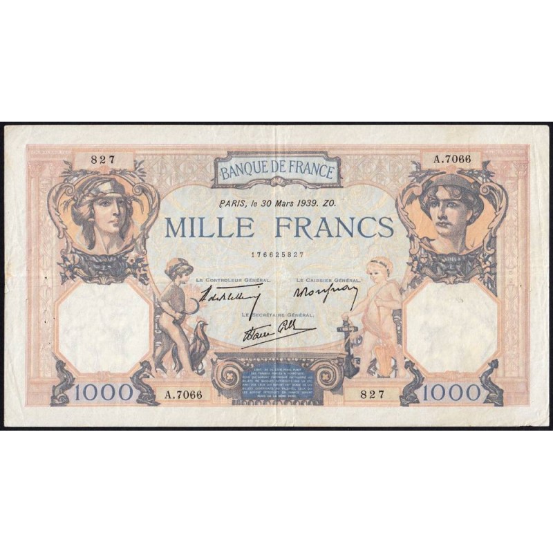 F 38-35 - 30/03/1939 - 1000 francs - Cérès et Mercure mod. - Série A.7066 - Etat : TTB