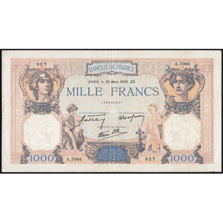 F 38-35 - 30/03/1939 - 1000 francs - Cérès et Mercure mod. - Série A.7066 - Etat : TTB
