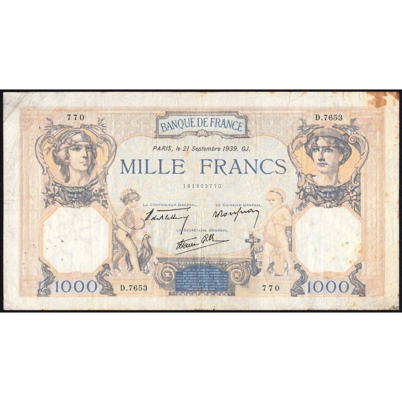 F 38-37 - 21/09/1939 - 1000 francs - Cérès et Mercure mod. - Série D.7653 - Etat : TB-