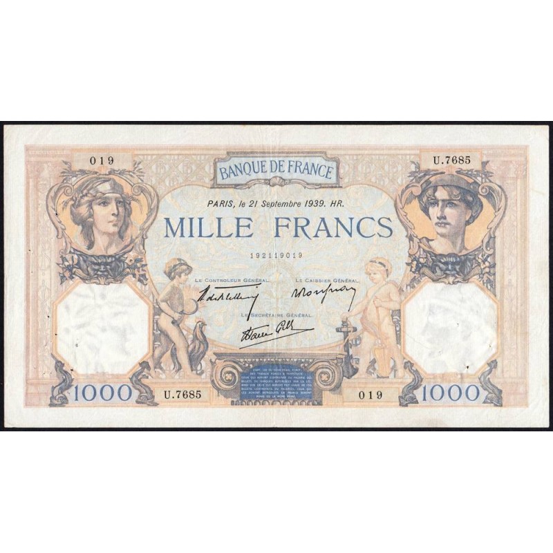 F 38-37 - 21/09/1939 - 1000 francs - Cérès et Mercure mod. - Série U.7685 - Etat : TTB