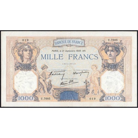 F 38-37 - 21/09/1939 - 1000 francs - Cérès et Mercure mod. - Série U.7685 - Etat : TTB