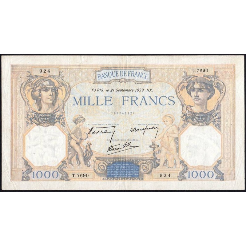 F 38-37 - 21/09/1939 - 1000 francs - Cérès et Mercure mod. - Série T.7690 - Etat : TTB-