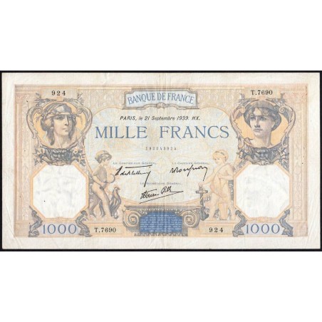 F 38-37 - 21/09/1939 - 1000 francs - Cérès et Mercure mod. - Série T.7690 - Etat : TTB-