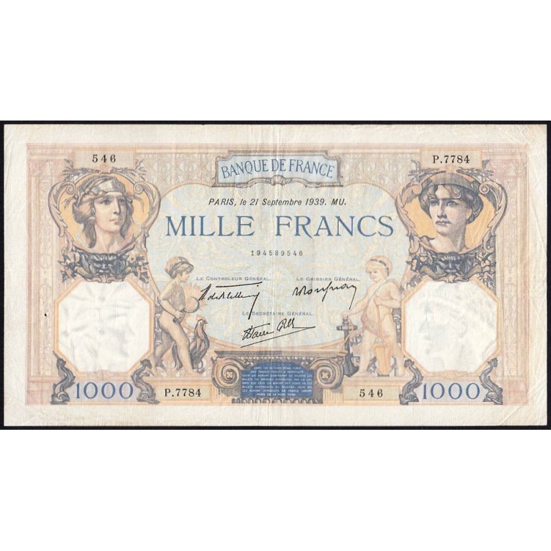 F 38-37 - 21/09/1939 - 1000 francs - Cérès et Mercure mod. - Série P.7784 - Etat : TB+