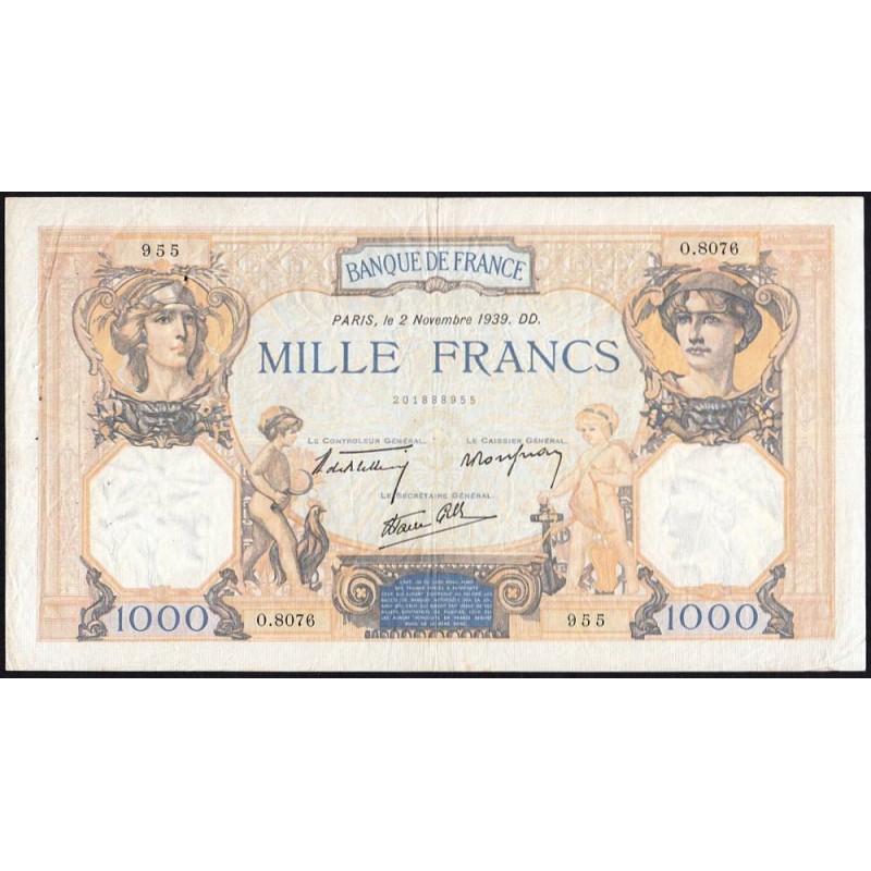 F 38-38 - 02/11/1939 - 1000 francs - Cérès et Mercure mod. - Série O.8076 - Etat : TB+