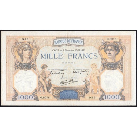 F 38-38 - 02/11/1939 - 1000 francs - Cérès et Mercure mod. - Série O.8076 - Etat : TB+