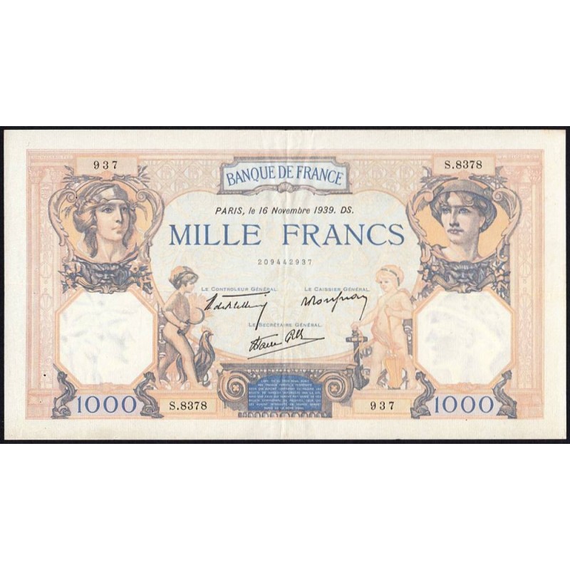 F 38-39a - 16/11/1939 - 1000 francs - Cérès et Mercure mod. - Série S.8378 - Etat : TTB+
