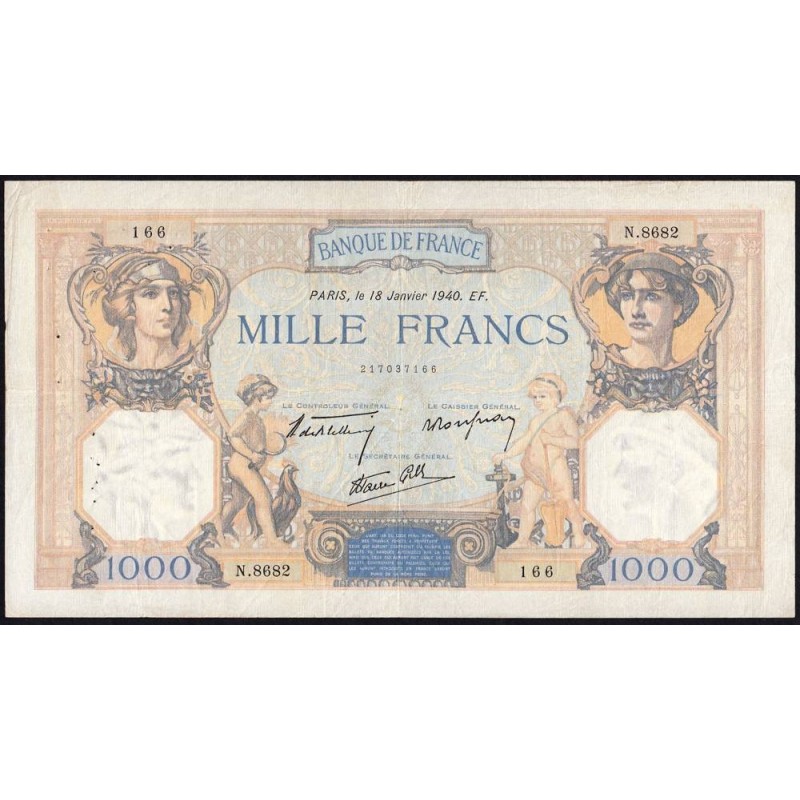 F 38-41 - 18/01/1940 - 1000 francs - Cérès et Mercure mod. - Série N.8682 - Etat : TTB-