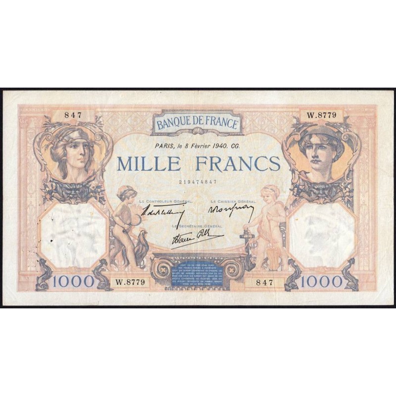 F 38-42 - 08/02/1940 - 1000 francs - Cérès et Mercure mod. - Série W?8779 (remplacem.) - Etat : TTB