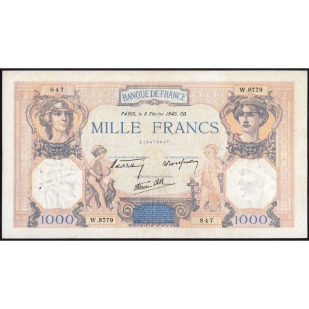 F 38-42 - 08/02/1940 - 1000 francs - Cérès et Mercure mod. - Série W?8779 (remplacem.) - Etat : TTB
