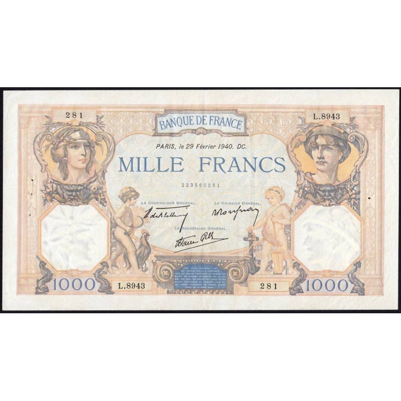 F 38-43 - 29/02/1940 - 1000 francs - Cérès et Mercure mod. - Série L.8943 - Etat : TB+