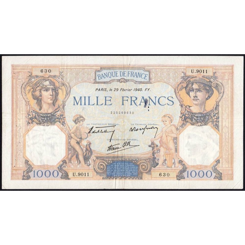 F 38-43 - 29/02/1940 - 1000 francs - Cérès et Mercure mod. - Série U.9011 - Etat : TB+