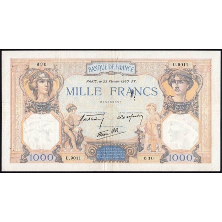 F 38-43 - 29/02/1940 - 1000 francs - Cérès et Mercure mod. - Série U.9011 - Etat : TB+