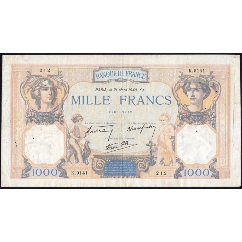 F 38-44 - 21/03/1940 - 1000 francs - Cérès et Mercure mod. - Série K.9141 - Etat : AB
