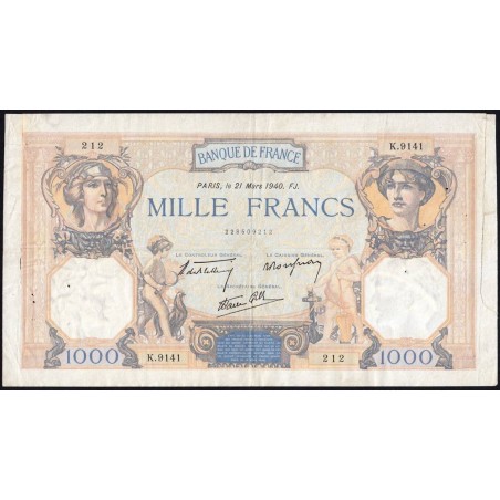 F 38-44 - 21/03/1940 - 1000 francs - Cérès et Mercure mod. - Série K.9141 - Etat : AB