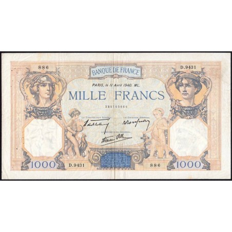 F 38-45 - 11/04/1940 - 1000 francs - Cérès et Mercure mod. - Série D.9431 - Etat : TB+