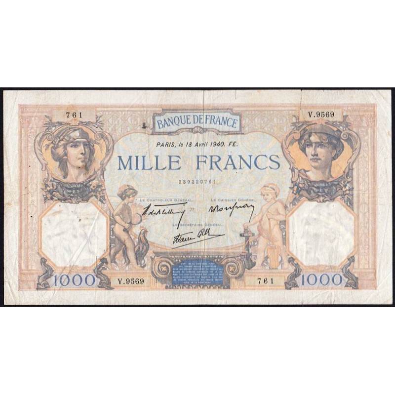 F 38-46 - 18/04/1940 - 1000 francs - Cérès et Mercure mod. - Série V.9569 - Etat : TB