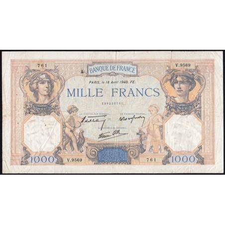 F 38-46 - 18/04/1940 - 1000 francs - Cérès et Mercure mod. - Série V.9569 - Etat : TB