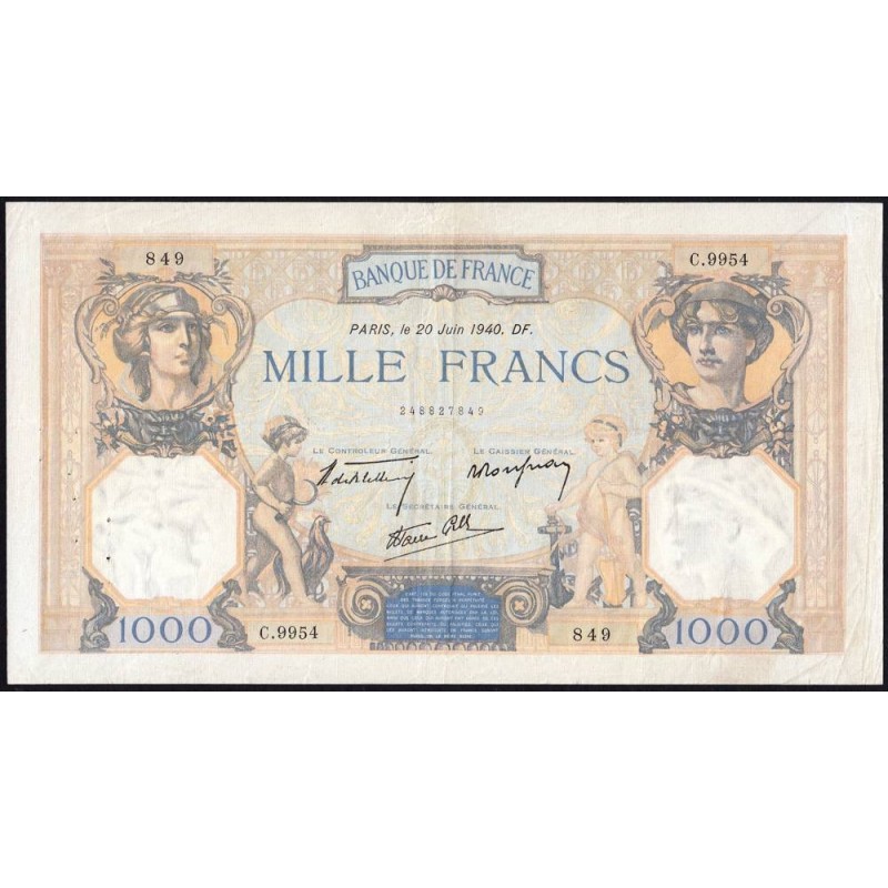F 38-49 - 20/06/1940 - 1000 francs - Cérès et Mercure mod. - Série C.9954 - Etat : TTB