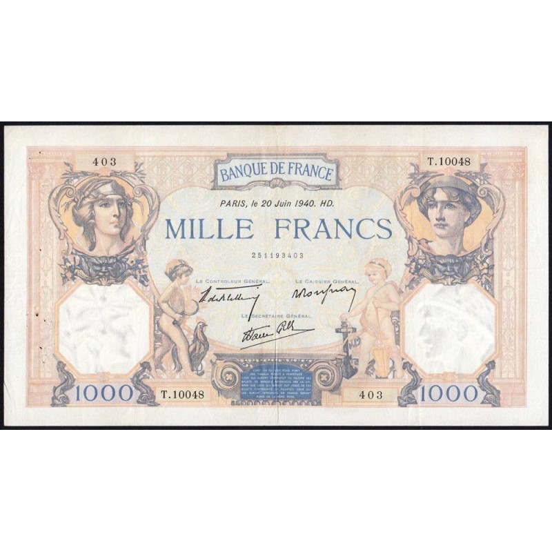 F 38-49 - 20/06/1940 - 1000 francs - Cérès et Mercure mod. - Série T.10048 - Etat : TTB