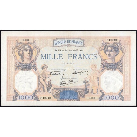 F 38-49 - 20/06/1940 - 1000 francs - Cérès et Mercure mod. - Série T.10048 - Etat : TTB