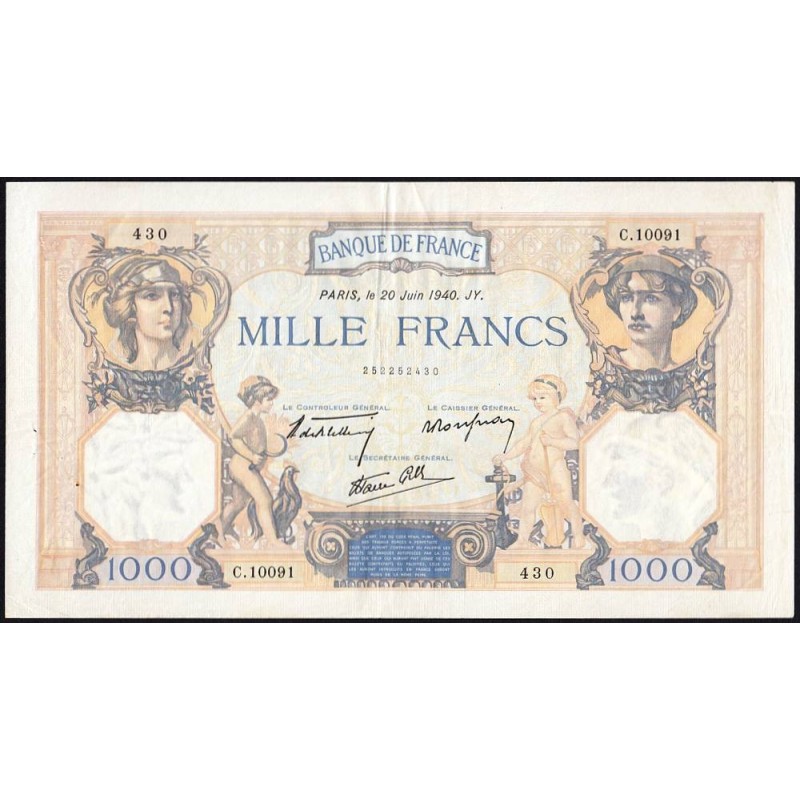 F 38-49 - 20/06/1940 - 1000 francs - Cérès et Mercure mod. - Série C.10091 - Etat : TTB