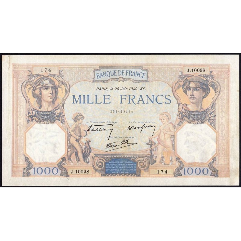 F 38-49 - 20/06/1940 - 1000 francs - Cérès et Mercure mod. - Série J.10098 - Etat : TB+