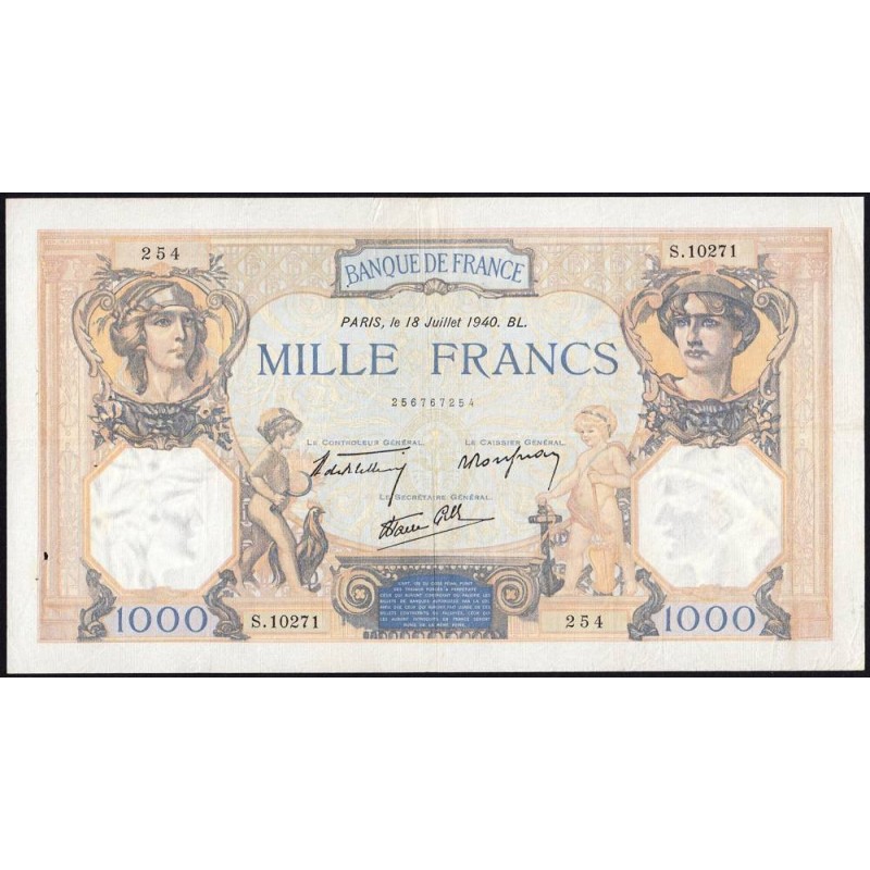 F 38-50 - 18/07/1940 - 1000 francs - Cérès et Mercure mod. - Série S.10271 - Etat : TTB