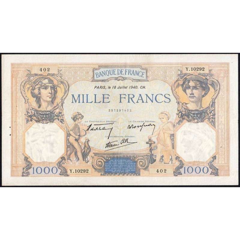 F 38-50 - 18/07/1940 - 1000 francs - Cérès et Mercure mod. - Série Y.10292 - Etat : TTB