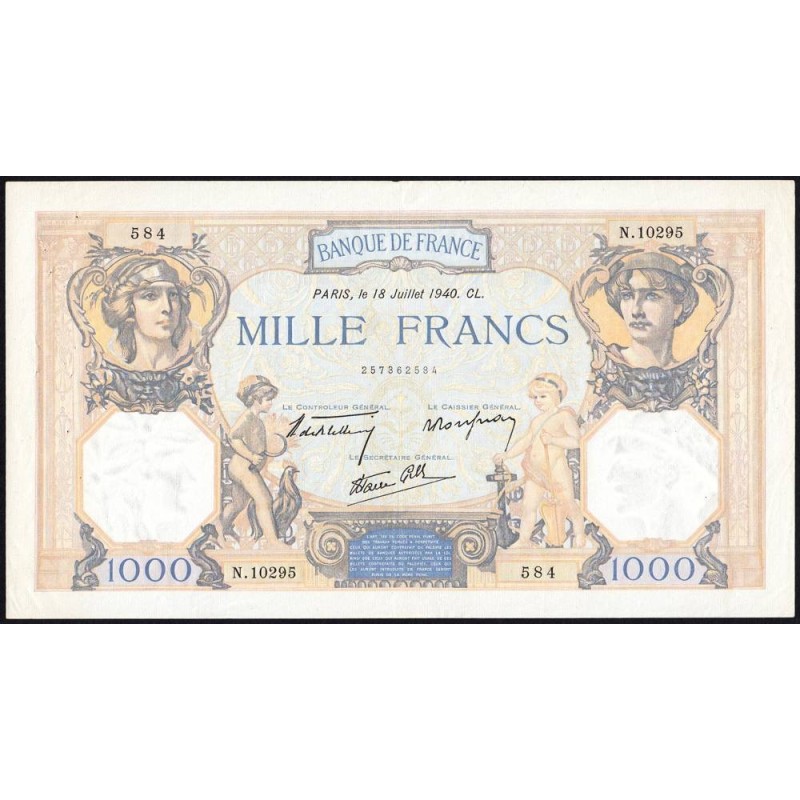 F 38-50 - 18/07/1940 - 1000 francs - Cérès et Mercure mod. - Série N.10295 - Etat : TTB