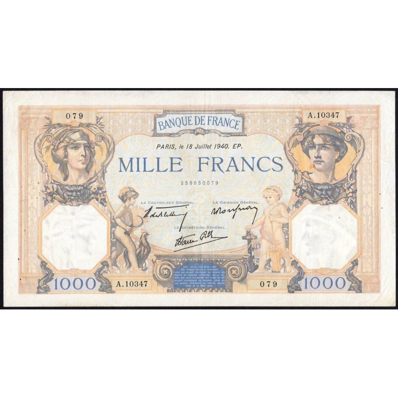 F 38-50 - 18/07/1940 - 1000 francs - Cérès et Mercure mod. - Série A.10347 - Etat : TTB