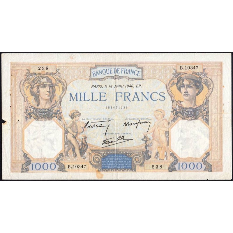 F 38-50 - 18/07/1940 - 1000 francs - Cérès et Mercure mod. - Série B.10347 - Etat : TB-