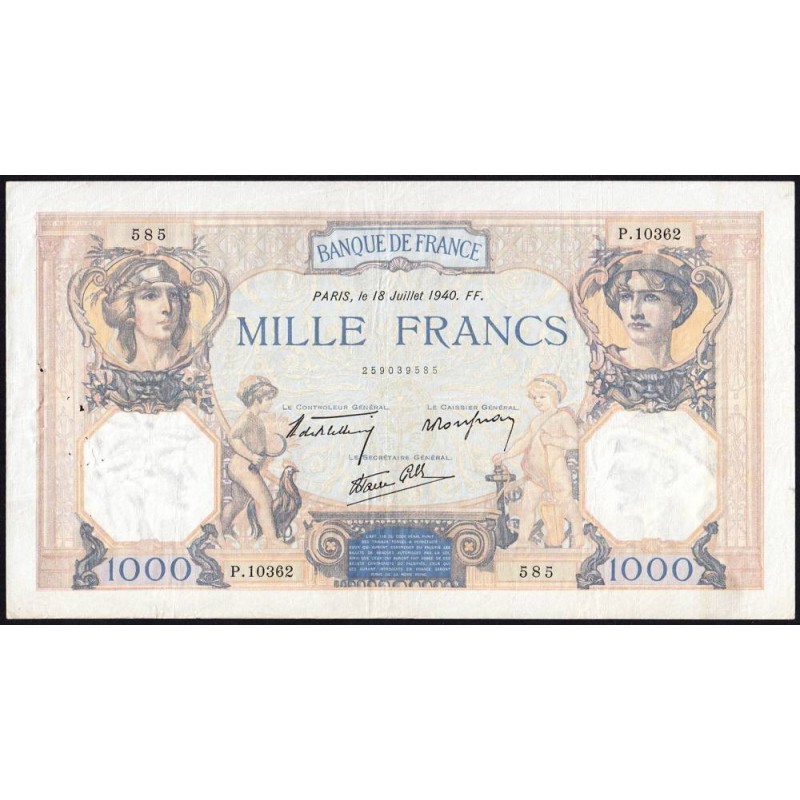 F 38-50 - 18/07/1940 - 1000 francs - Cérès et Mercure mod. - Série P.10362 - Etat : TB+