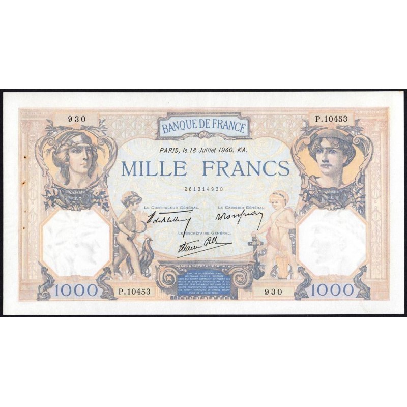 F 38-50 - 18/07/1940 - 1000 francs - Cérès et Mercure mod. - Série P.10453 - Etat : SUP à SUP+