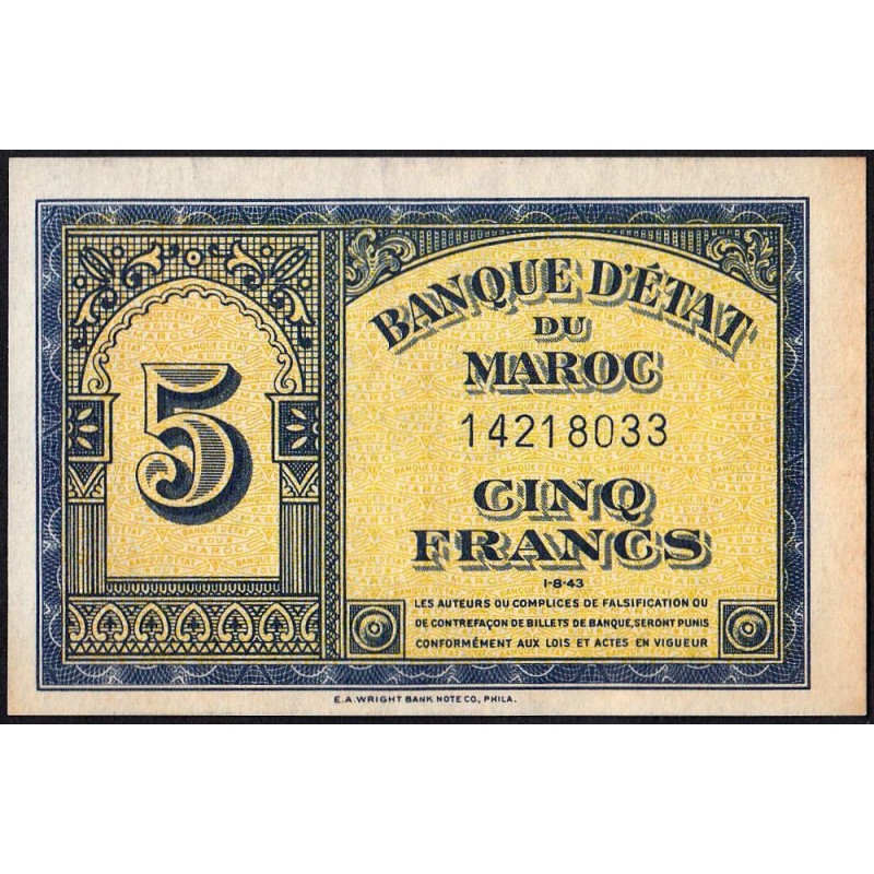 Maroc - Pick 24_1b - 5 francs - 01/08/1943 - Etat : SUP+