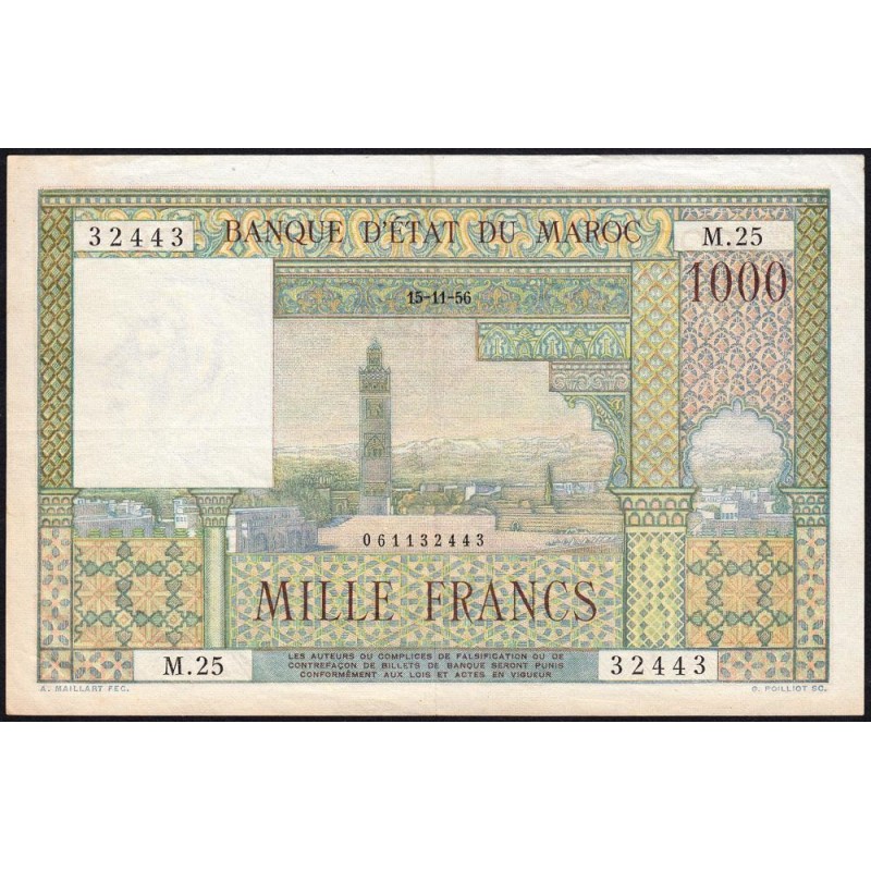 Maroc - Pick 47_2 - 1'000 francs - Série M.25 - 15/11/1956 - Etat : TTB+