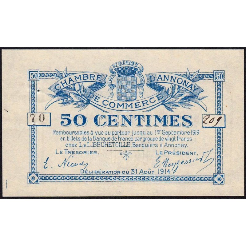 Annonay - Pirot 11-7 - 50 centimes - Série 70 - 31/08/1914 - Etat : SUP+
