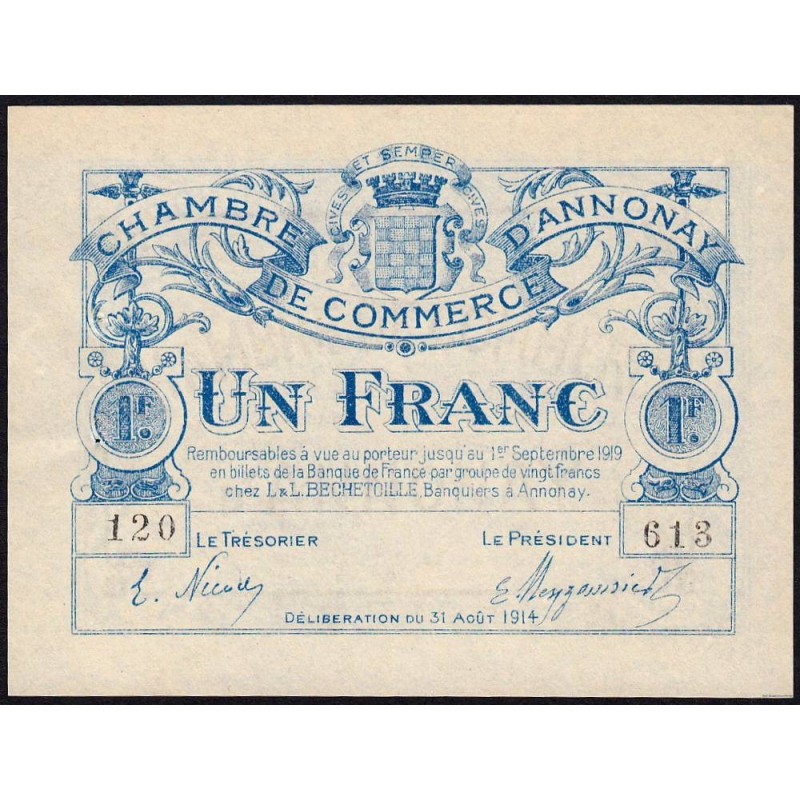 Annonay - Pirot 11-8 - 1 franc - Série 120 - 31/08/1914 - Etat : SUP+