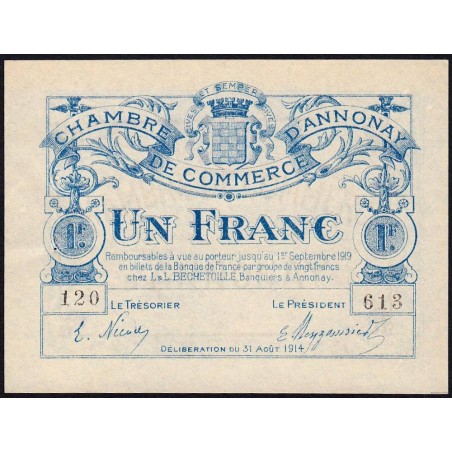 Annonay - Pirot 11-8 - 1 franc - Série 120 - 31/08/1914 - Etat : SUP+