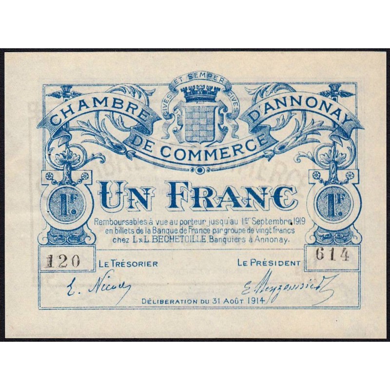 Annonay - Pirot 11-8 - 1 franc - Série 120 - 31/08/1914 - Etat : SUP+