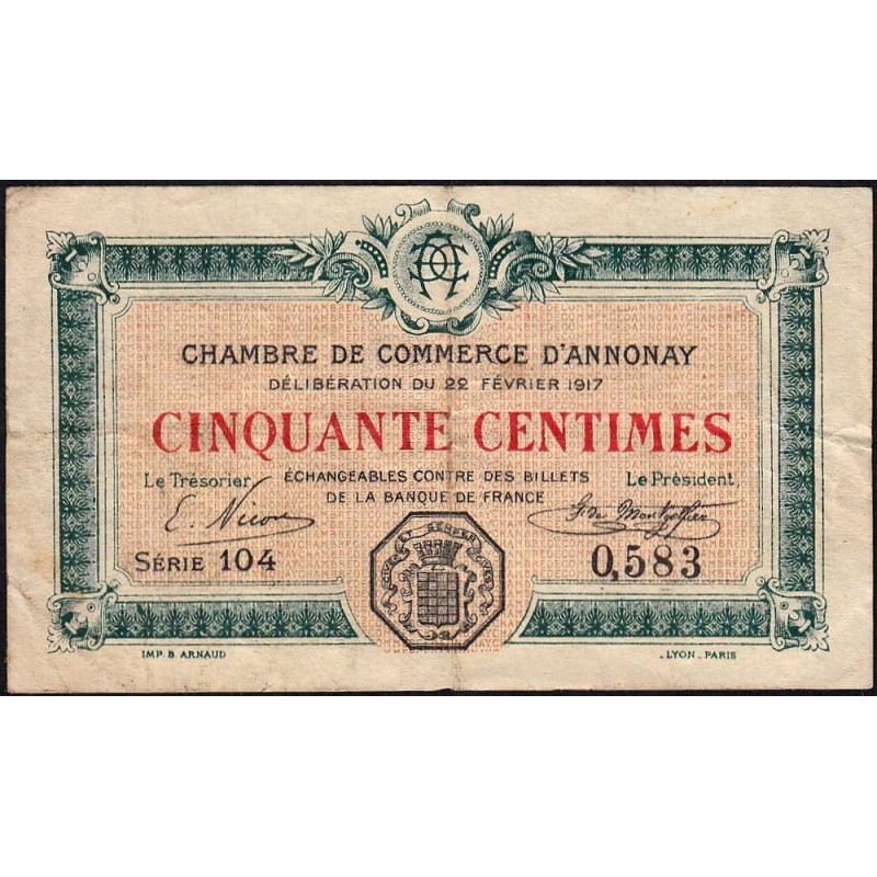 Annonay - Pirot 11-9 - 50 centimes - Série 104 - 22/02/1917 - Etat : TB