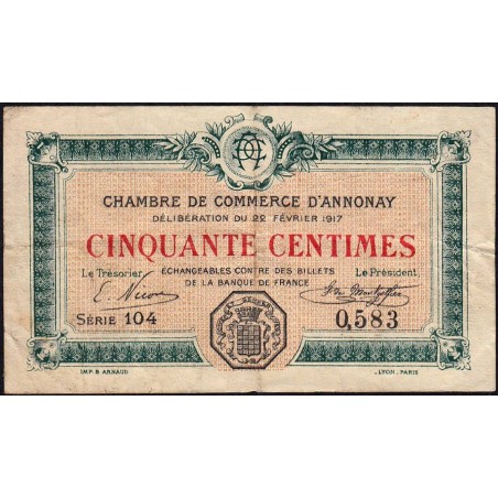 Annonay - Pirot 11-9 - 50 centimes - Série 104 - 22/02/1917 - Etat : TB