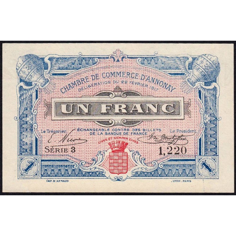 Annonay - Pirot 11-12 - 1 franc - Série 3 - 22/02/1917 - Etat : NEUF