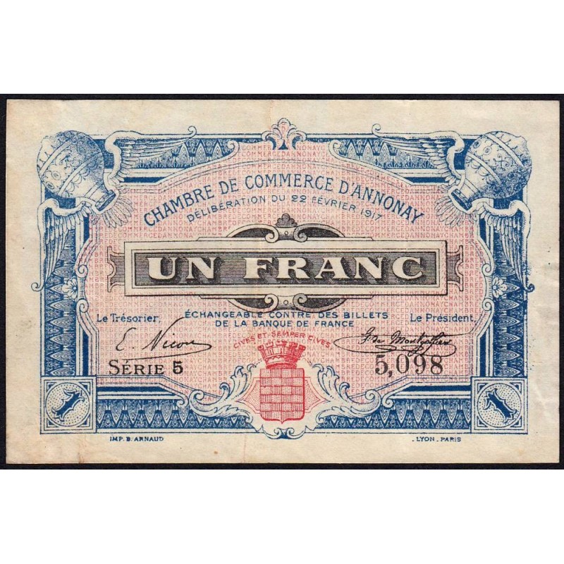 Annonay - Pirot 11-12 - 1 franc - Série 5 - 22/02/1917 - Etat : TB