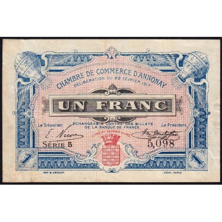 Annonay - Pirot 11-12 - 1 franc - Série 5 - 22/02/1917 - Etat : TB