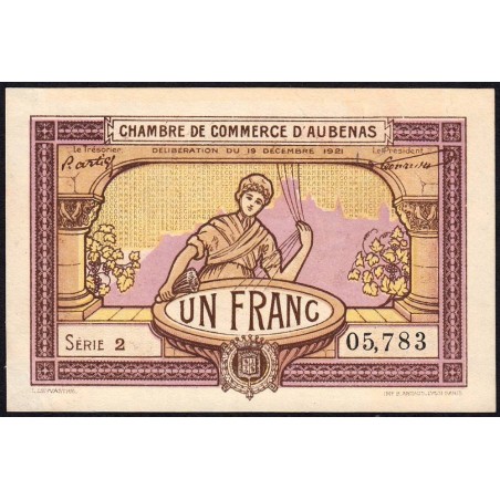 Aubenas - Pirot 14-2 - 1 franc - Série 2 - 19/12/1921 - Etat : SUP
