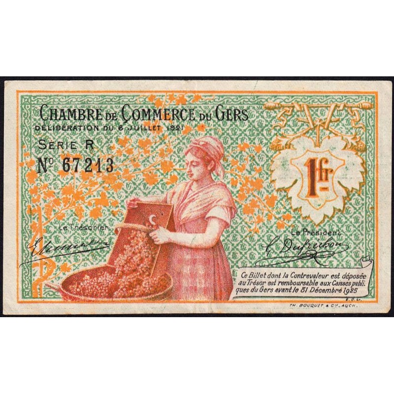 Auch (Gers) - Pirot 15-31 - 1 franc - Série R - 06/07/1921 - Etat : TTB
