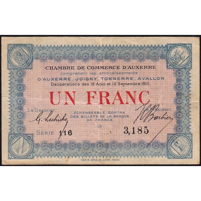 Auxerre - Pirot 17-1 - 1 franc - Série 116 - 19/12/1915 - Etat : TB